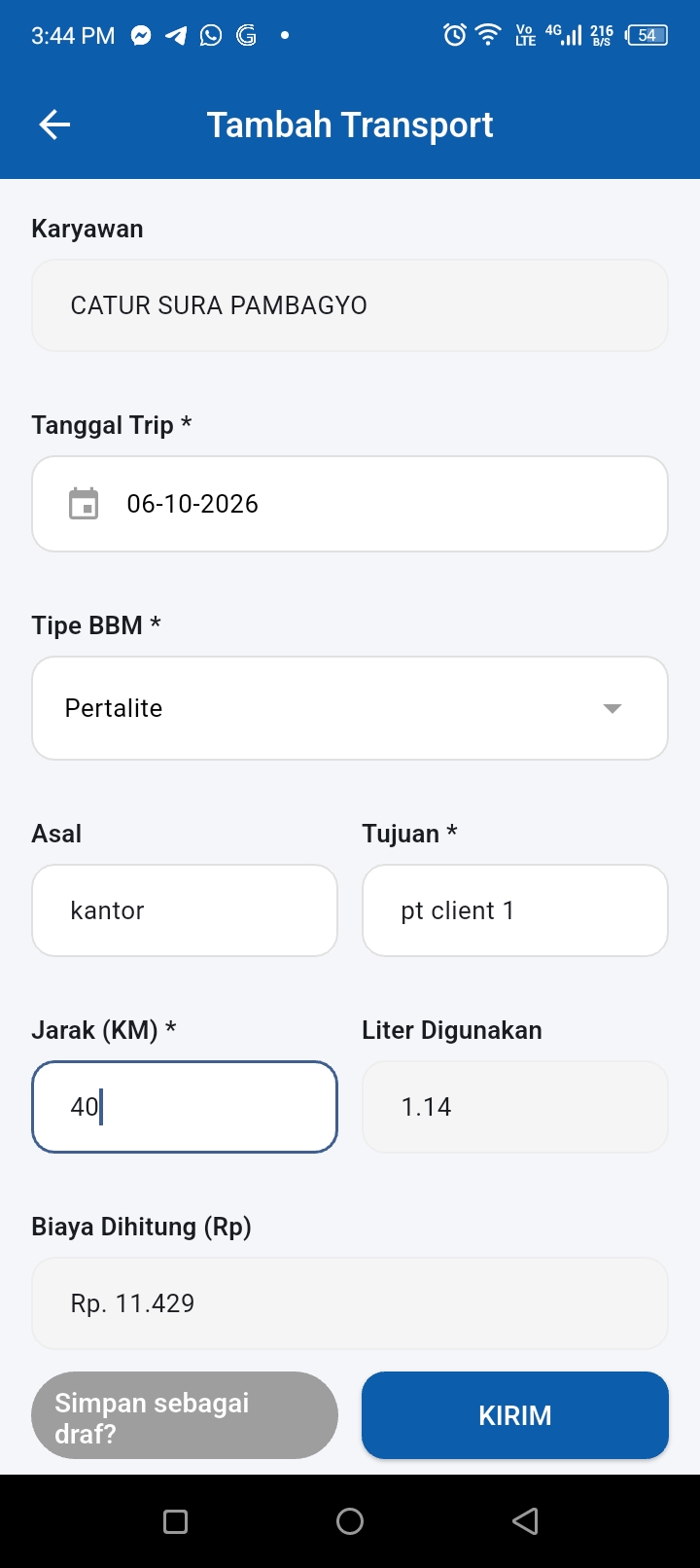 Aplikasi Mobile Tambah Transport & Klaim BBM Pehadir