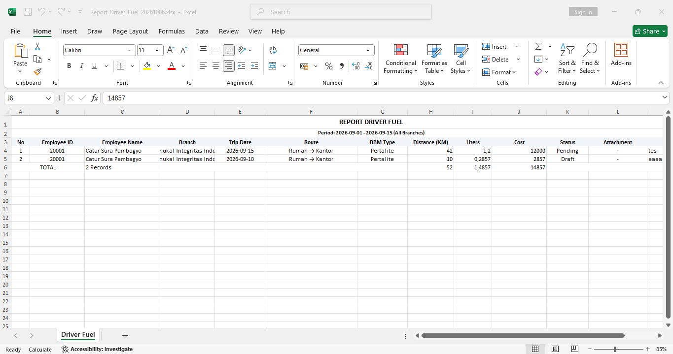 Report Driver Fuel Excel Export Pehadir
