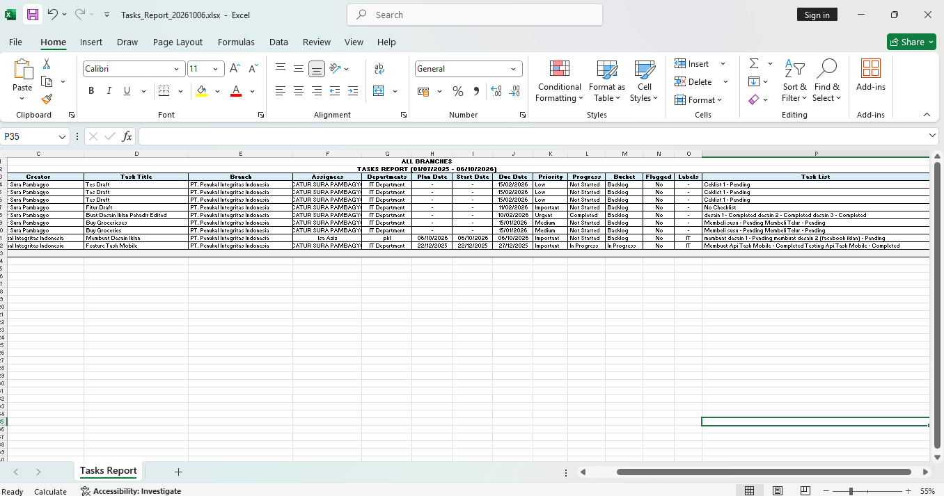 Laporan Rekapitulasi Tugas Excel Export Pehadir