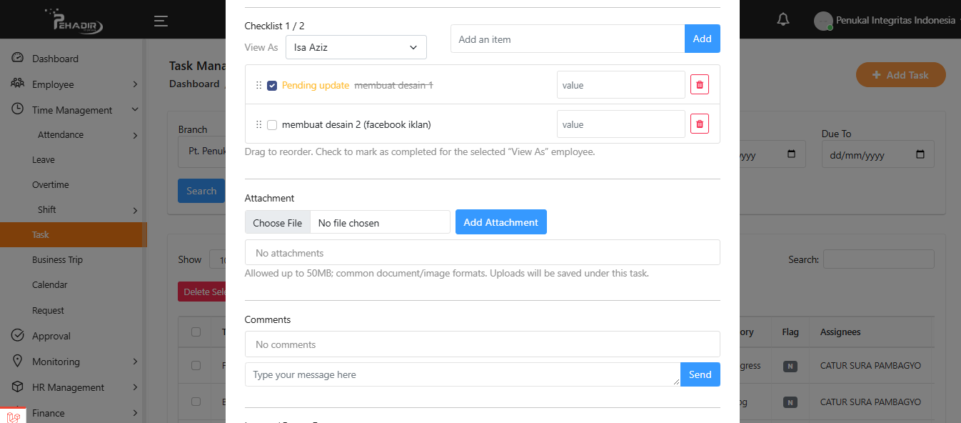 Task Checklist Subtask & Diskusi Pehadir